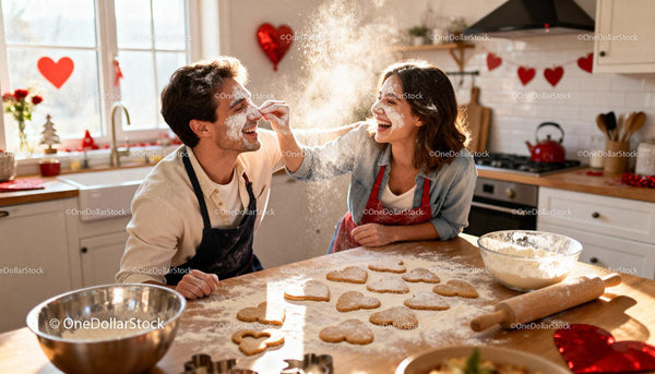 Couple Playfully Baking Heart-Shaped Cookies Together