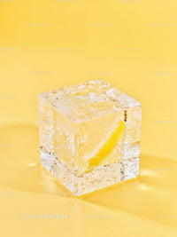 Close up of ice cube with lemon slice inside on yellow