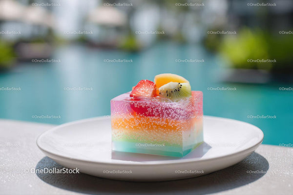 Colorful Fruit Jelly Dessert with Fresh Fruit Toppings by Pool