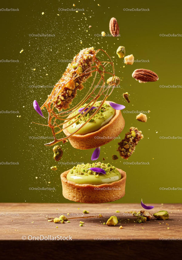 Pistachio tarts with crunchy nuts and caramel threads