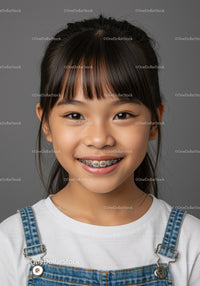 Smiling Girl with Braces and Dark Hair in Casual Outfit