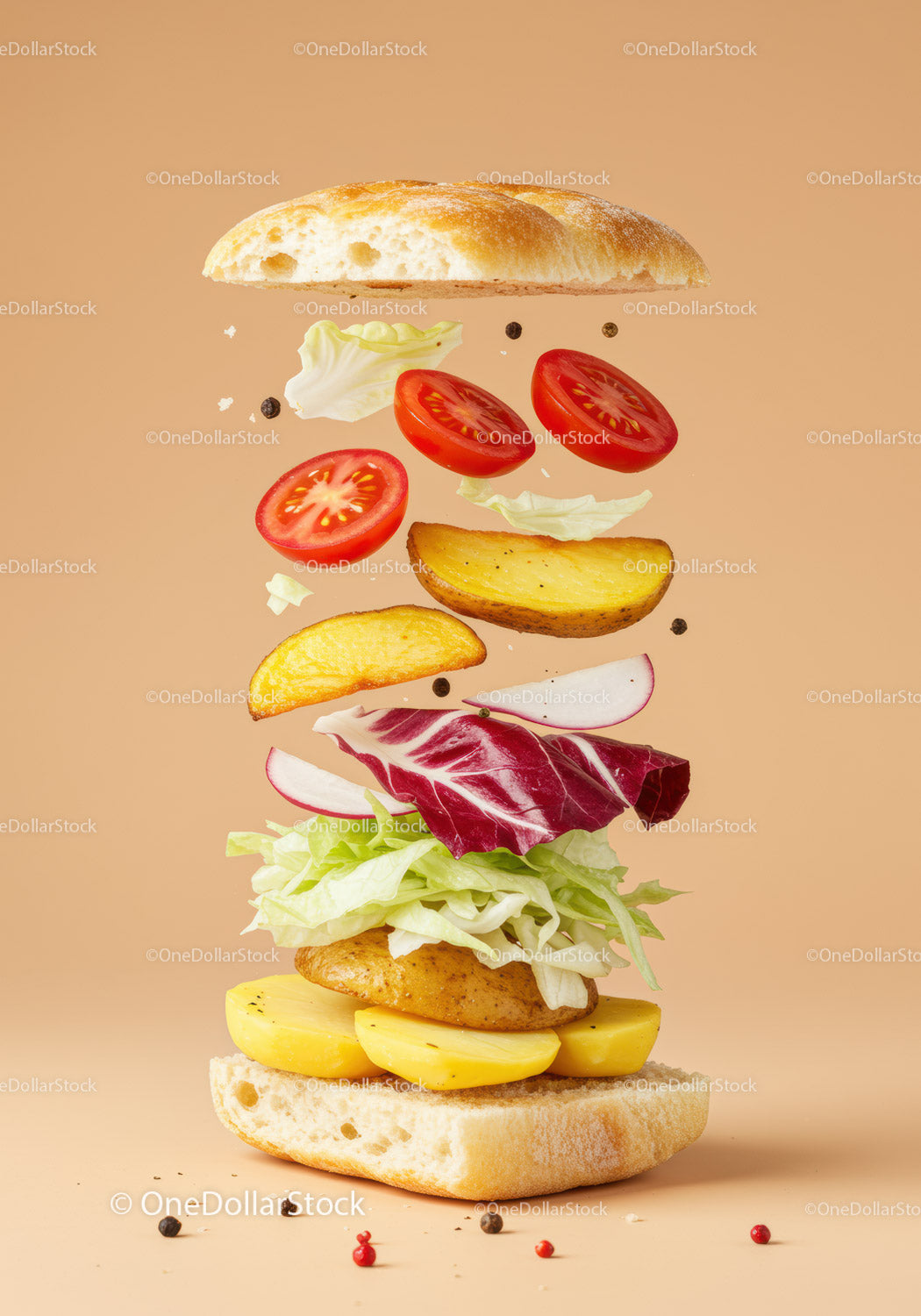 Fresh vegetable sandwich ingredients floating midair
