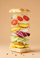 Fresh vegetable sandwich ingredients floating midair