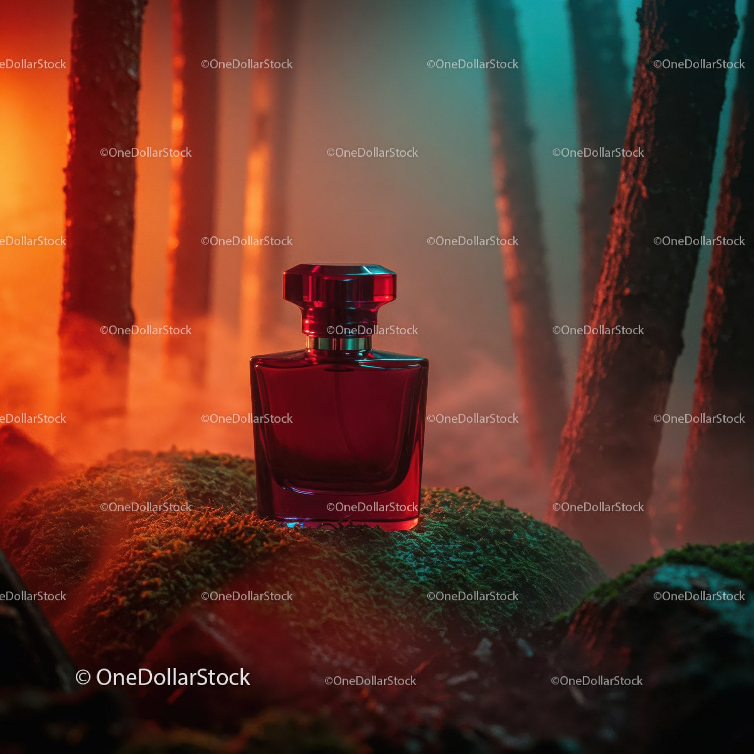 Luxury Red Perfume Bottle in Mystical Forest Scene