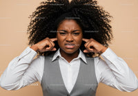 Fuming Woman Covering Ears Showing Frustration or Discomfort