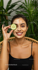 Young Woman in Black Tank Top Applying Facial Mask with Cucumber