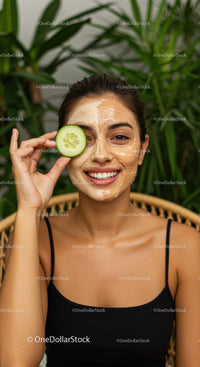 Young Woman in Black Tank Top Applying Facial Mask with Cucumber