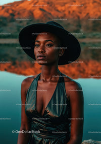 Elegant Woman in Black Dress and Hat by Lake at Sunset
