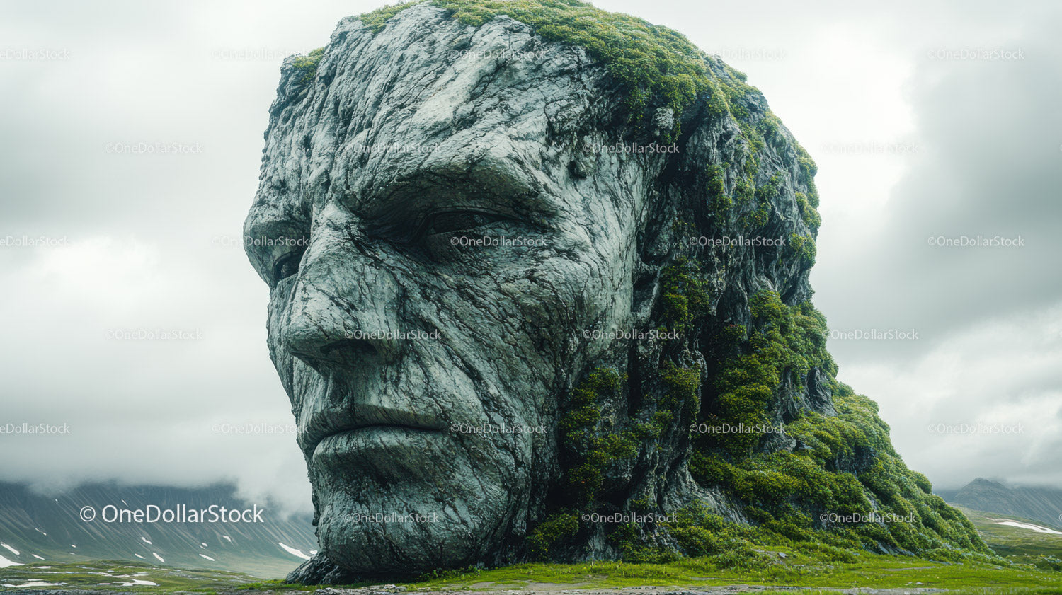 Majestic Mountain with Surreal Stone Face and Verdant Surroundings