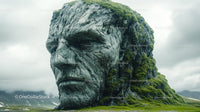 Majestic Mountain with Surreal Stone Face and Verdant Surroundings