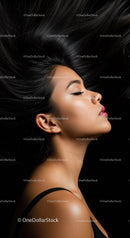 Serene woman with flowing dark hair and flawless skin