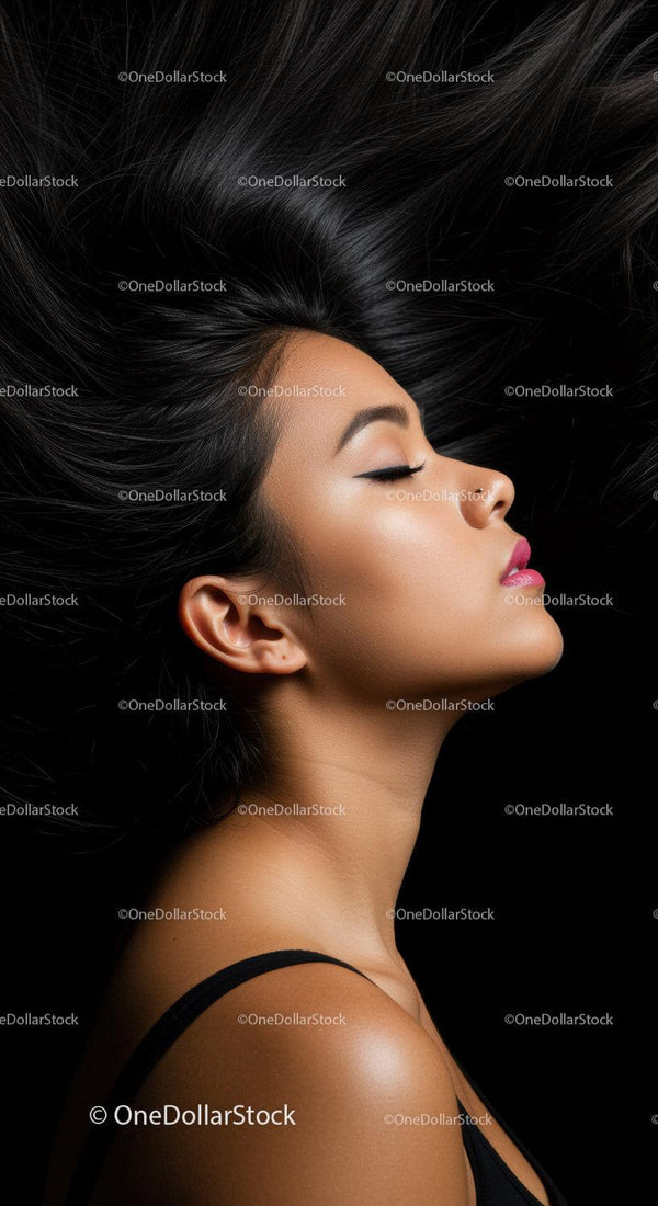 Serene woman with flowing dark hair and flawless skin