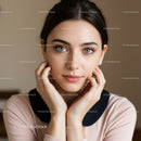 Elegant Young Woman with Bright Blue Eyes and Flawless Skin