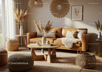 Cozy Living Room with Leather Sofa and Natural Decor