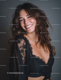 Confident Smiling Woman in Black Lace Top Portrait in Studio