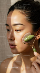 Close-up of a woman using a jade roller for facial massage in skincare routine