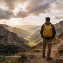 Hiker enjoying mountain valley view at sunset