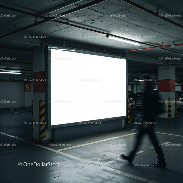 Empty illuminated billboard in a dim underground parking lot JPG Mockup Image