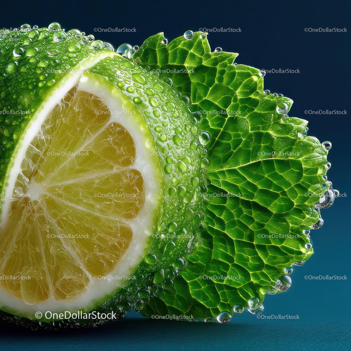 Close-Up of Fresh Lime with Mint Leaf and Water Droplets