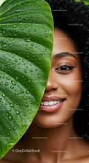 Smiling Woman with Dark Curly Hair and Tropical Leaf Water Droplets