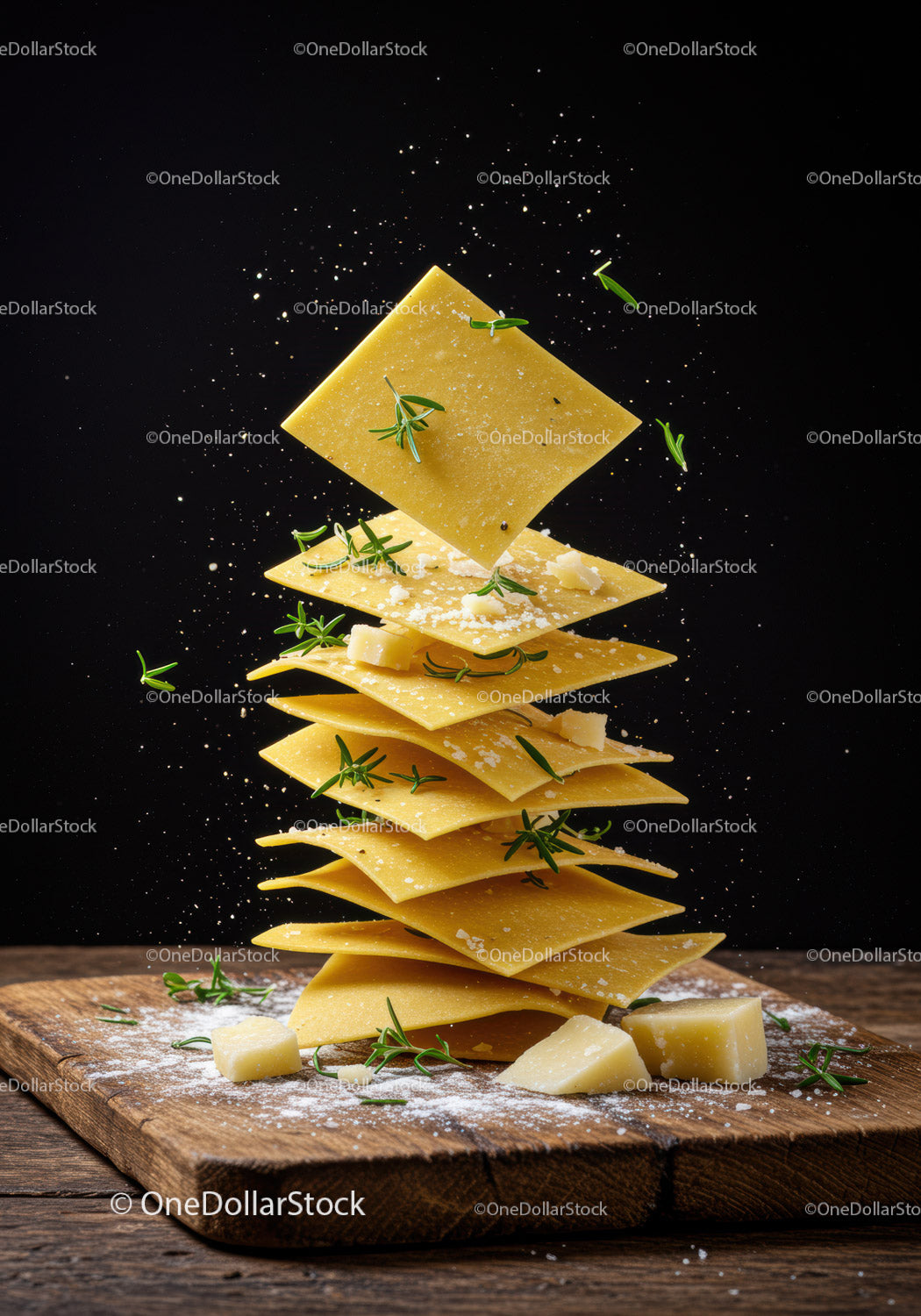 Stack of uncooked lasagna sheets with herbs and cheese