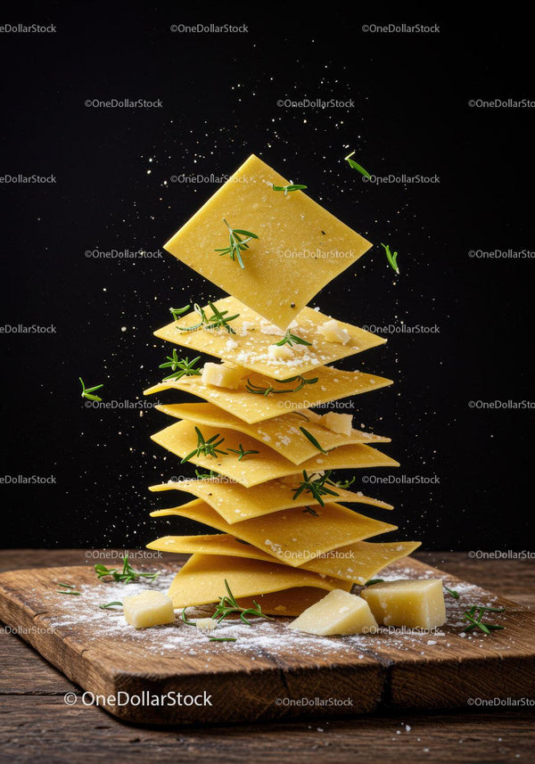 Stack of uncooked lasagna sheets with herbs and cheese