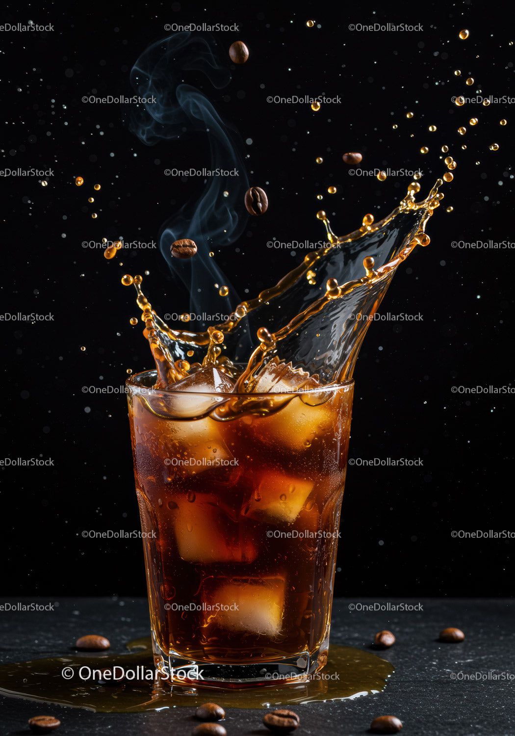 Cold Brew Coffee Splash with Ice Cubes and Steam