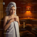 Young Woman Relaxing in Sauna with Towels in Spa Environment
