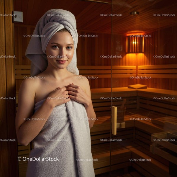 Młoda kobieta relaksująca się w saunie z ręcznikami w spa