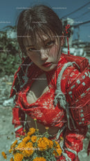 Vibrant Young Woman in Red Floral Kimono Outdoors