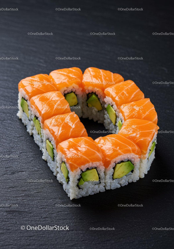 Salmon avocado sushi rolls arranged in a square shape