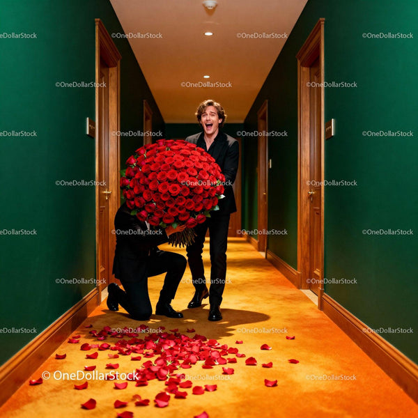 Man Surprised by Huge Bouquet of Red Roses