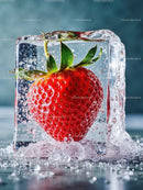 Fresh strawberry frozen inside a clear ice cube