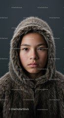 Young Woman in Fur Coat and Fur Hooded Jacket for Winter Fashion