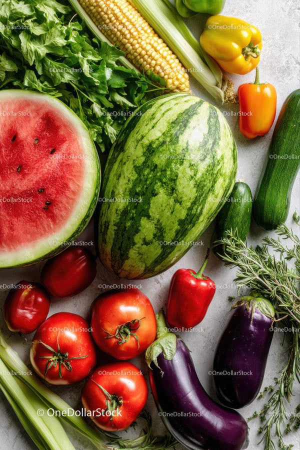 Fresh Assortment of Watermelon, Tomatoes, Corn and Vegetables