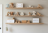 Cozy Nursery Shelf Decor with Plush Toys and Wooden Animals