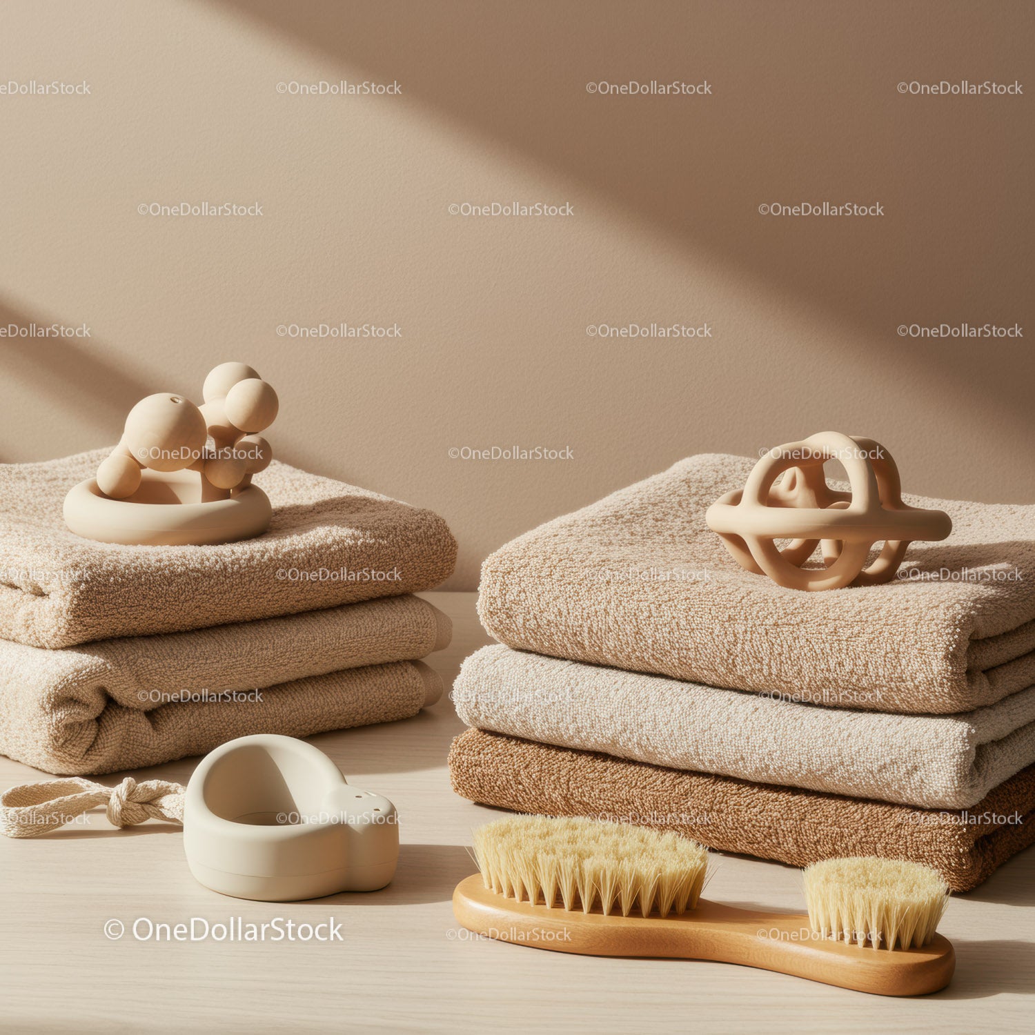 Stacked neutral towels with natural bath accessories