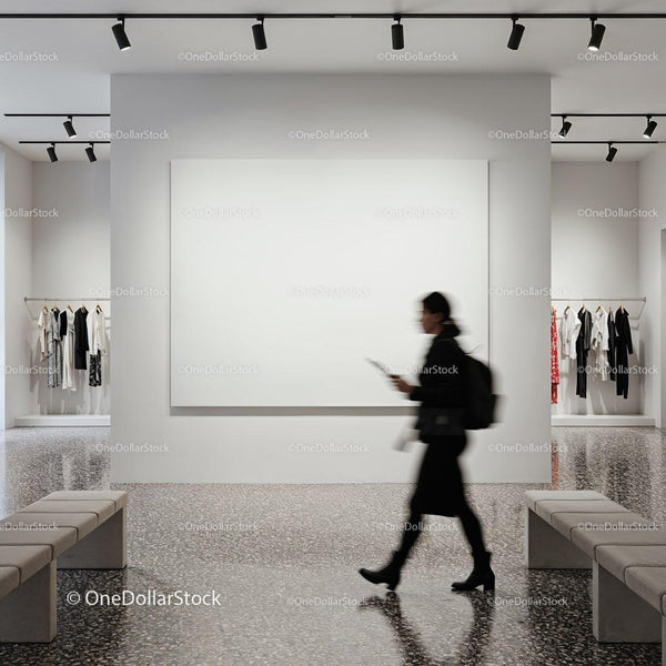 Woman walking past blank gallery wall in modern space JPG Mockup Image