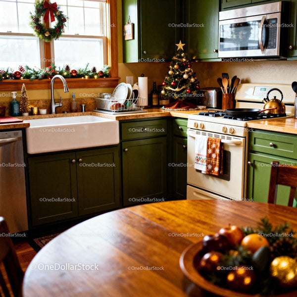 Cozy kitchen decorated with Christmas ornaments and greenery
