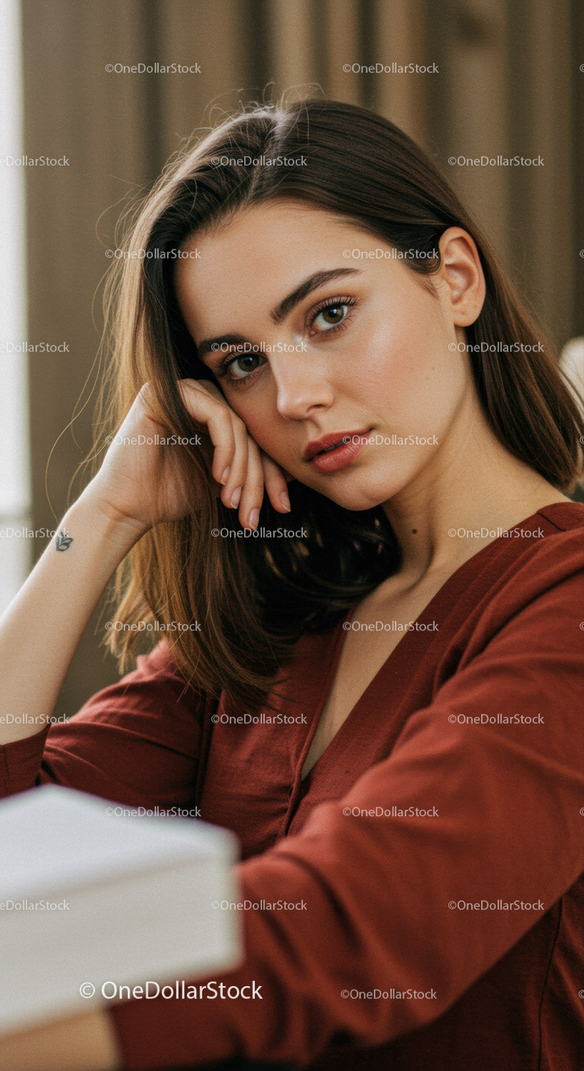 Young Woman with Brunette Hair Relaxing Indoor Portrait