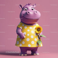 Cute Cartoon Hippo Holding Sunflower in Yellow Dress for Kids Illustration