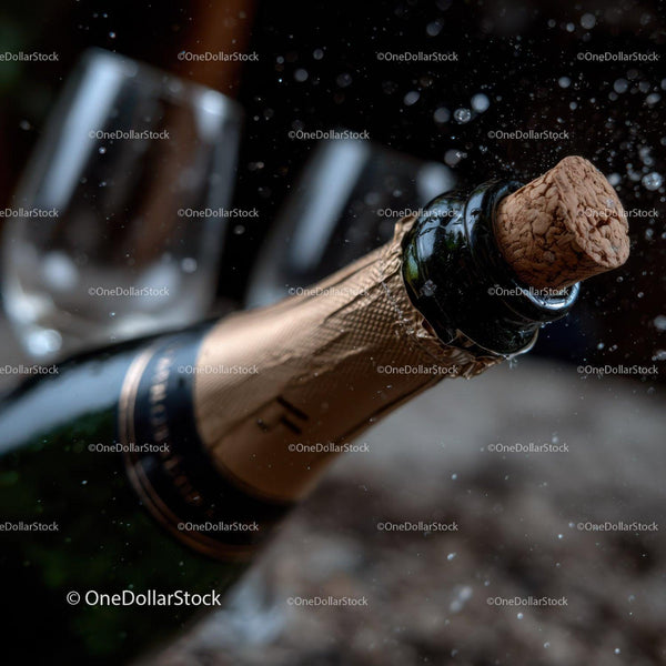 Champagne Bottle with Popping Cork in Celebration Setting