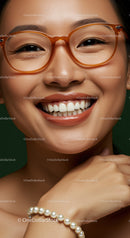 Smiling woman wearing stylish orange eyeglasses and pearls