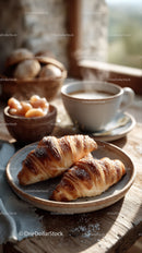 Fresh Croissants and Coffee on Rustic Wooden Table for Breakfast