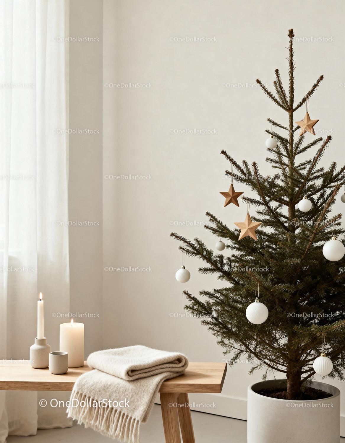Minimalist Christmas tree with decorations in cozy room