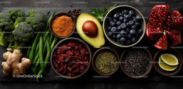Assorted Fresh Fruits and Vegetables with Nutritional Superfoods