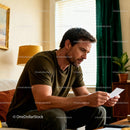 Man Reading Letter Thoughtfully on Couch at Home