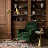 Cozy reading nook with green armchair and brass lamp