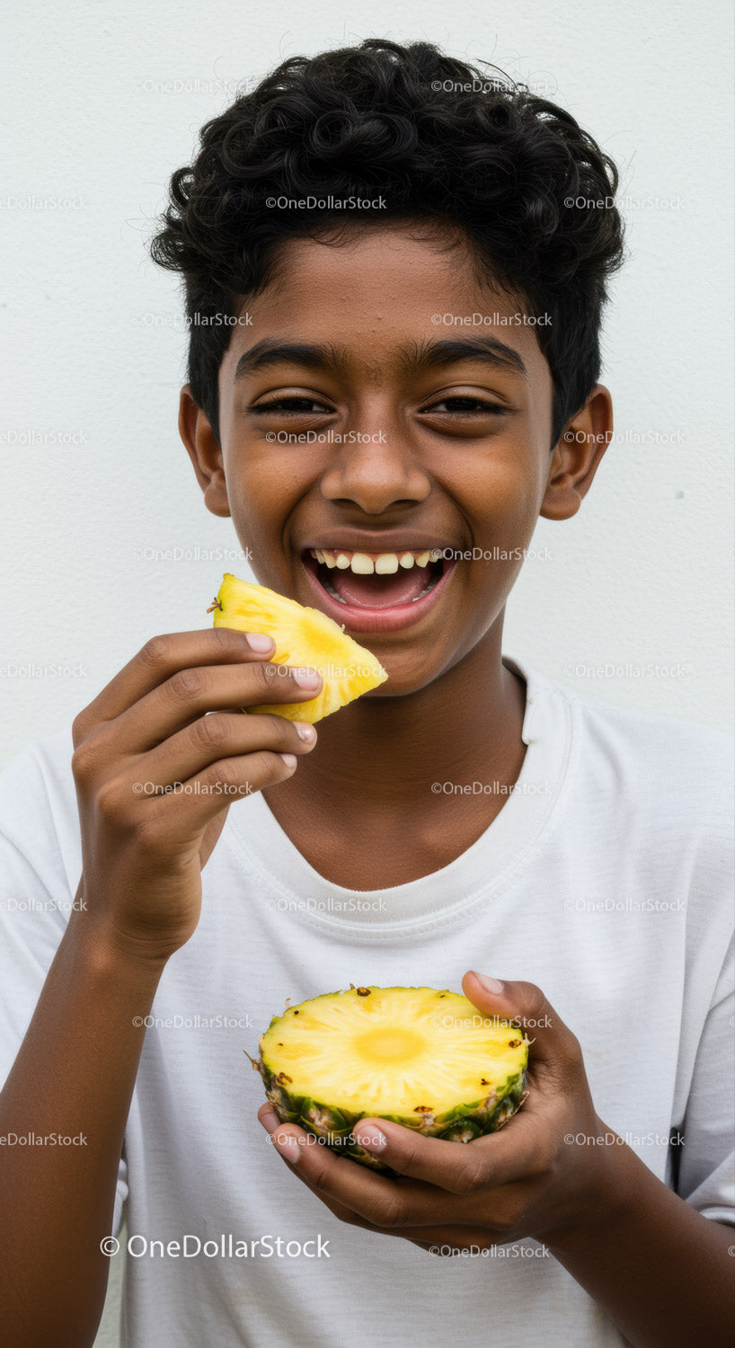 Joyful Boy Smiling and Eating Fresh Pineapple in a Bright Setting
