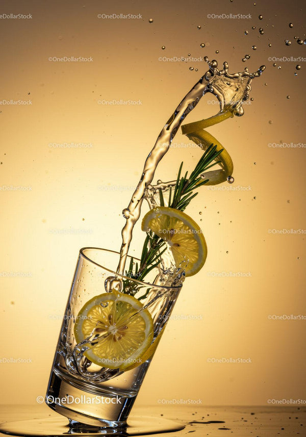 Refreshing splash with lemon and rosemary in glass